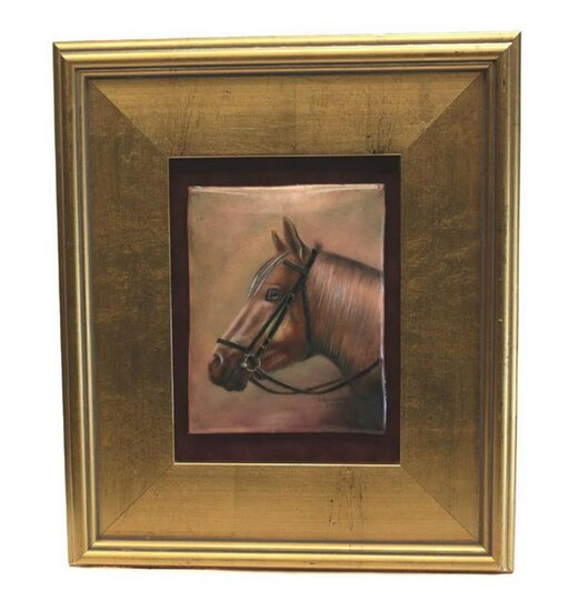 R. Bonhomme Limoges Enamel on Copper Horse Plaque