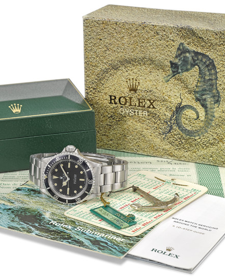 ROLEX. A RARE STAINLESS STEEL AUTOMATIC WRISTWATCH WITH SWEEP CENTRE SECONDS, BRACELET, ROLEX OYSTER GUARANTEED 660FT/200M UNDER WATER ANCHOR, ORIGINAL GUARANTEE AND BOX, SIGNED ROLEX, OYSTER PERPETUAL, 660FT=200M, SUBMARINER, REF. 5513, CASE NO....
