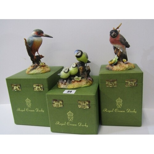 ROYAL CROWN DERBY BIRDS, three boxed figures of Blue Tit & C...
