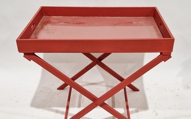 Red painted butler's tray on X-frame stand, 69cm high x 84cm...