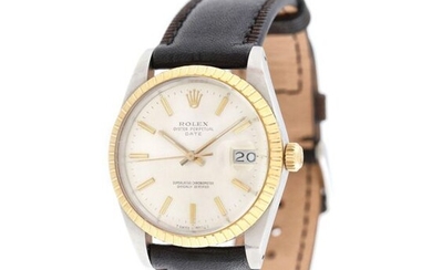 Rolex Oyster Perpetual Date wristwatch, gold and steel, men, 1982, stainless steel; yellow gold 18 k, d=35 mm / Men's gold and steel Rolex Oyster Perpetual Date wristwatch, reference 15053, automatic movement. Silver coloured dial, date with...