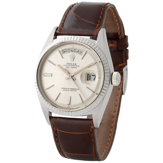 Rolex. Special and Refined Day-Date Automatic Wristwatch in White Gold, Reference 1803 With Silver Dial