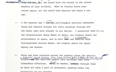 Ronald Reagan Annotated Speech as Pres Honoring Space Shuttle ?Columbia? Astronauts
