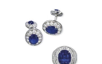 SAPPHIRE AND DIAMOND RING AND CUFFLINK SET