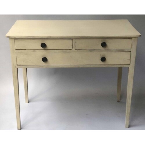 SIDE TABLE, 19th century painted pine with three drawers, 92...