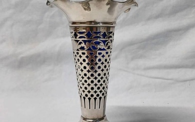 SILVER TAPERING VASE WITH BLUE GLASS LINER & PIERCED DECORAT...