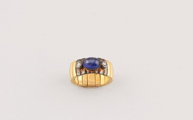 SYNTHETIC SAPPHIRE, DIAMOND, SILVER AND GOLD RING