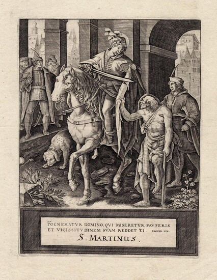 Saint Martin shares his cloak with a beggar, Saint Martinus of Tours. Anonymous, 16th-17th century engraver.