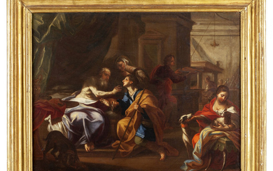 Scuola napoletana sec.XVII "Scena biblica" olio, cornice coeva in legno intagliato e...