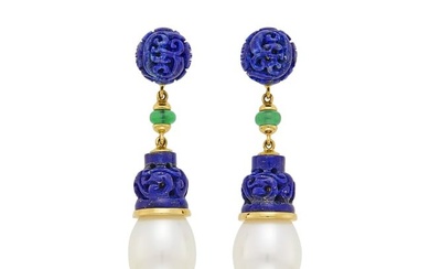 Seaman Schepps Pair of Gold, Carved Lapis, South Sea Cultured Pearl and Green Onyx Bead 'Canton'