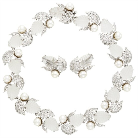 Seaman Schepps White Gold, Carved Rock Crystal, Cultured Pearl and Diamond Leaves Necklace and Pair of Earclips