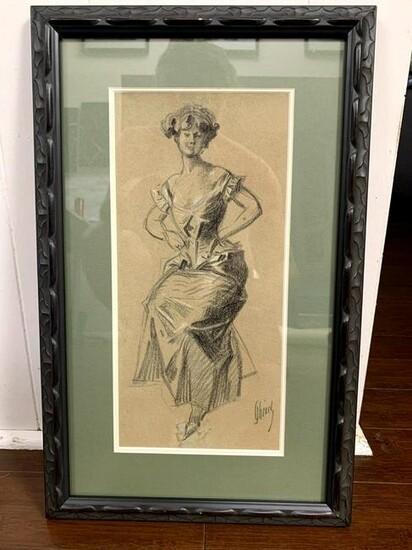 Seated Woman - Original Art by Cheret (1890's) 7" x 14"