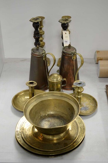 Selection of brass and copperware.