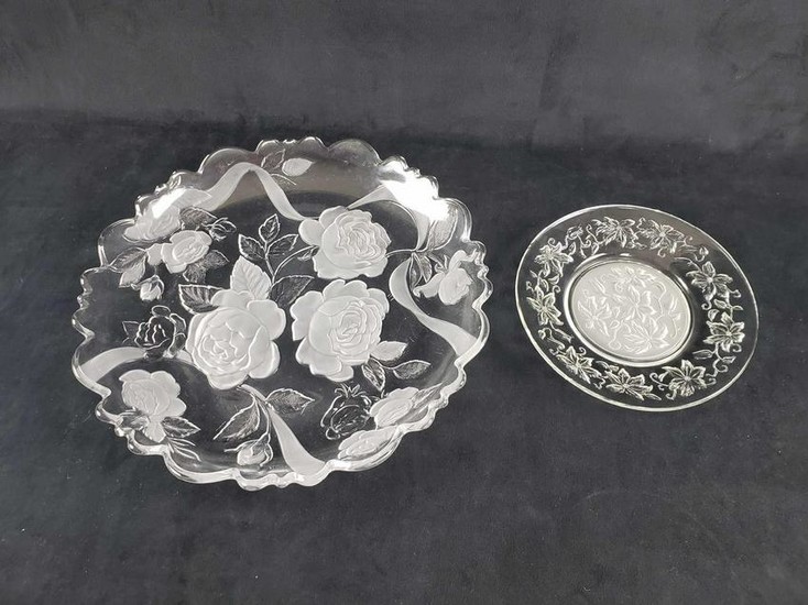 Set of Glass Etched and Frosted Floral Plates