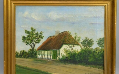 Signed Danish Painting Of Cottage