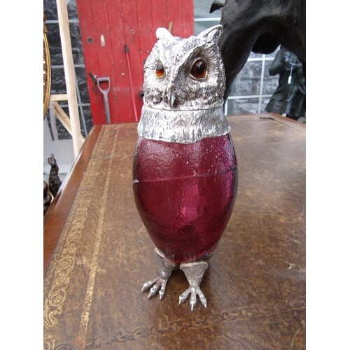 Silver Mounted Owl Motif Decanter with Cranberry Glass Well....