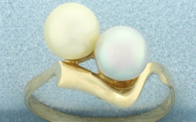 Silver and Cream Cultured Akoya Pearl Toi Et Moi Ring in 14k Yellow Gold