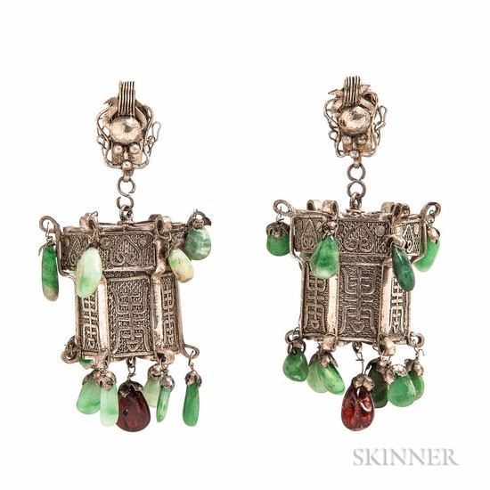 Silver and Jade Lantern-form Earrings