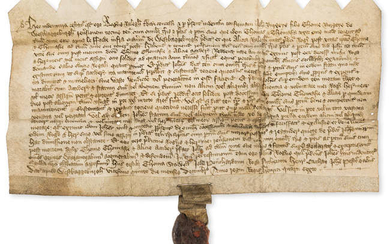Somerset, West Bagborough.- Indenture, I, Roger Ralegh grant and confirm to John Burgeys a holding called le fforde in the manor of West Bagborough, manuscript in Latin, on vellum, 1405.