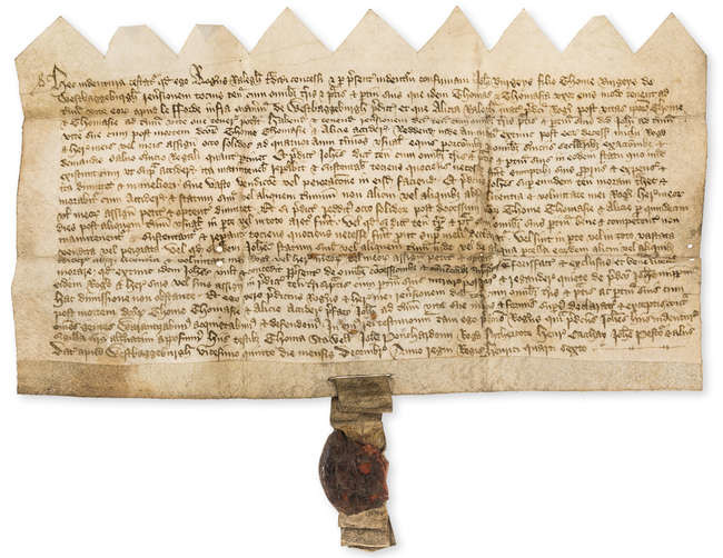 Somerset, West Bagborough.- Indenture, I, Roger Ralegh grant and confirm to John Burgeys a holding called le fforde in the manor of West Bagborough, manuscript in Latin, on vellum, 1405.