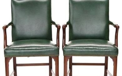 Southwood Mahogany Arm Chairs with Green Leather Upholstery