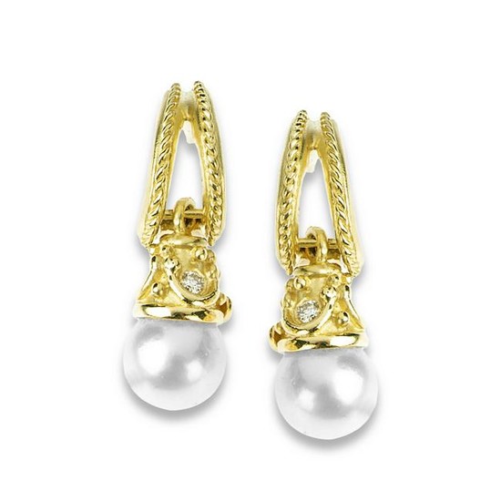 Stambolian Yellow Gold and Diamond Earrings with Pearl