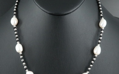 Sterling Pearl and Faux Black Onyx Necklace