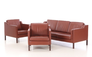 Stouby. Three-person as well as a pair of armchairs, leather, model 'Eva' (3)