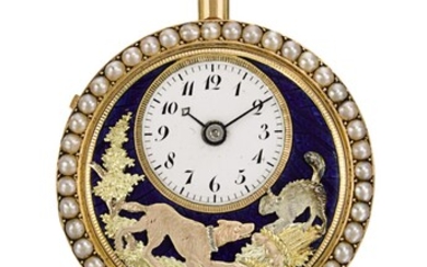 'THE BARKING DOG' PIGUET & MEYLAN | A VERY FINE, RARE AND SMALL GOLD, ENAMEL AND PEARL-SET OPEN-FACED QUARTER REPEATING AUTOMATON WATCH MADE FOR THE CHINESE MARKET CIRCA 1810, NO. 277