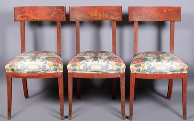 THREE NEOCLASSICAL STYLE GILT DECORATED SCARLET PAINTED SIDE CHAIRS