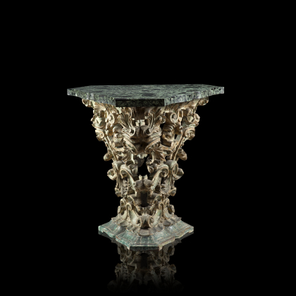 Table with lacquered wooden base and marble veneered top (cm 90x84x80) (defects)
