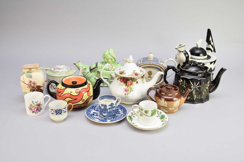 Teapots including Lorna Bailey and Royal Albert, together with assorted cups and saucers