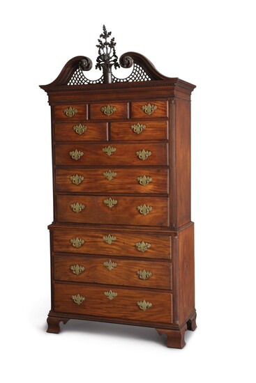 The Important Stratton-Carpenter-Wheeler Family Chippendale Carved and Figured Mahogany Chest-on-Chest, cabinetwork attributed to John Folwell (w. 1762-1780); carving attributed to James Reynolds (w. 1766-1794), Philadelphia, Pennsylvania, circa 1770