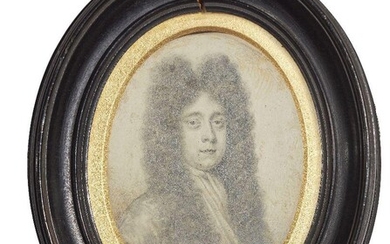 Thomas Forster, British, fl. c.1690–1713- Portrait miniature of a gentleman, quarter-length turned to the right, wearing robes and lace cravat, plumbago on vellum, oval, signed and inscribed, in a glazed oval ebonised frame, 10.5 x 7.7 cm.