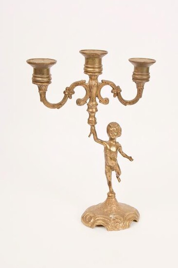 Three Branch Brass Cupid Design Candelabra