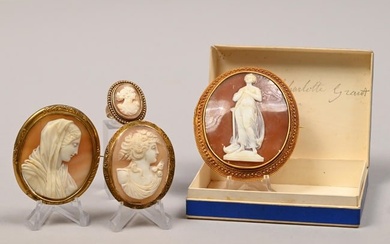 Three Gold and Carved Cameo Brooches and a Ring