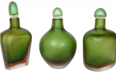 Three Venini Green Inciso Glass Bottles with Stoppers