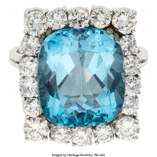 Topaz, Diamond, White Gold Ring Stones: Cushion-shaped blue topaz;...