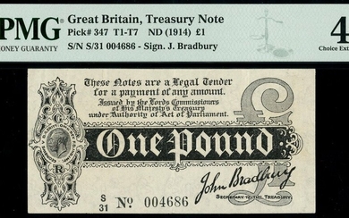 Treasury Series, John Bradbury, first issue £1, ND (7 August 1914), serial number S/31 004686,...