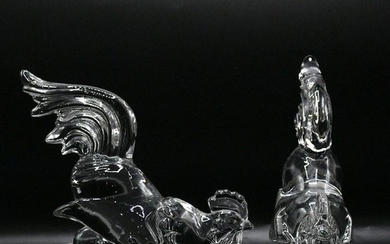 Two [2] Crystal Glass Rooster Cock Figures / Bookends