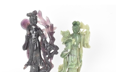 Two Chinese 20th century jadeite carved figures, the green e...