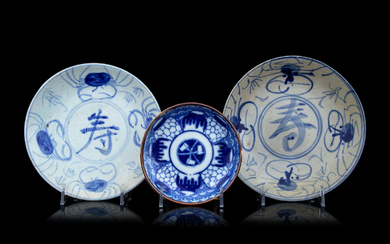 Two Chinese Blue and White Porcelain Dishes and A Small Japanese Blue and White Dish
