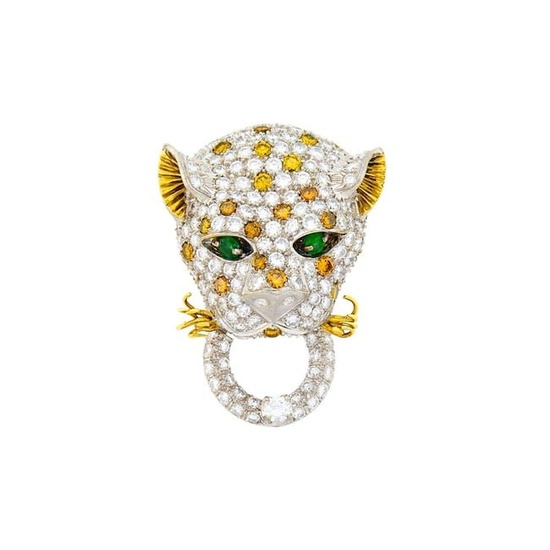 Two-Color Gold, Diamond, Colored Diamond and Emerald Panther Head Clip-Brooch