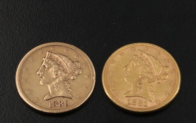 Two Liberty Head $5 Gold Coins Including an 1880-S and 1881