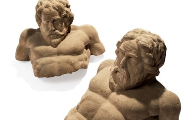 Two Northern European sandstone busts or terms of mythical giants