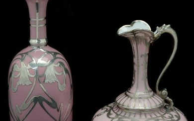 Two Pink Porcelain Items with Silver Overlay.
