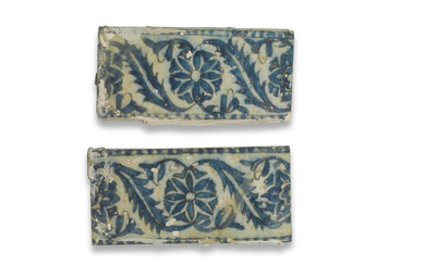 Two Safavid blue and white underglaze-painted pottery border tiles Persia,...