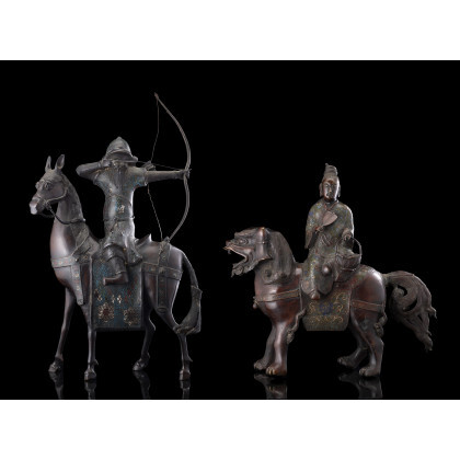 Two cloisonnè enamel bronze sculptures, one depicting an archer on horseback, the other a God on a mythological beast. (defects)...