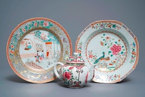 Two fine Chinese famille rose plates and a teapot …