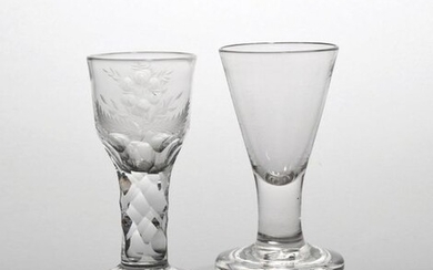 Two firing glasses late 18th century, one with a rounded...